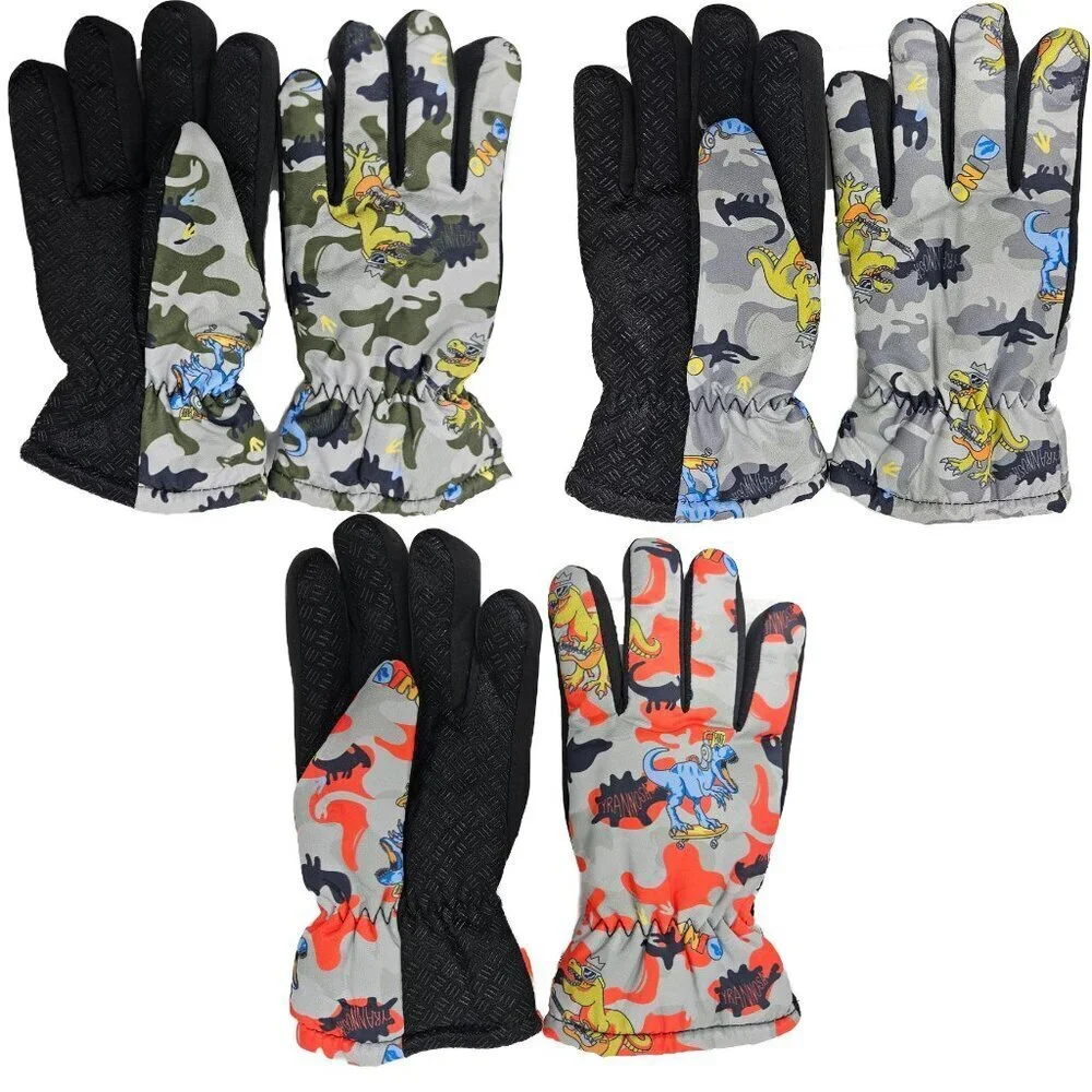 3 Pairs Kids Winter Gloves Boys Girls Ski Glove Faux Fur Lined Dinosaur Designs